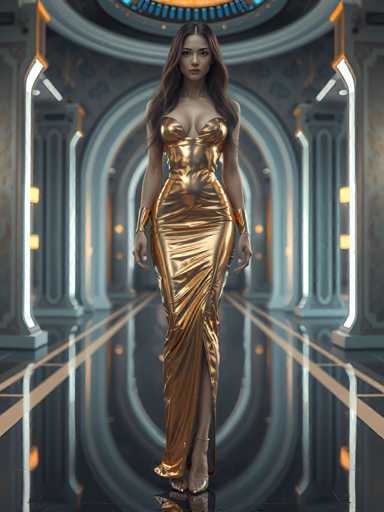 A woman is standing in an empty room with a high ceiling and large arches on either side of her. She is wearing a long gold dress that reaches down to her feet, and she has her hands placed on her hips. The room appears to be designed for a grand event or gathering, as evidenced by the presence of multiple light fixtures throughout the space.