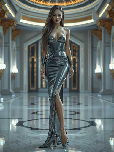 A woman is standing in an opulent room with a high ceiling and large windows that allow natural light to flood the space. She is wearing a long, metallic dress that shimmers under the lights, and her hair cascades down in loose waves. The floor beneath her feet is made of marble tiles, adding to the grandeur of the scene.
