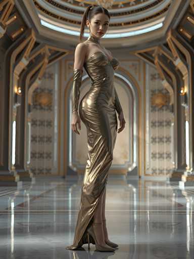 A woman is standing in an opulent room with a high ceiling and large windows that allow natural light to flood the space. She is wearing a long gold dress with a high neckline and corset, paired with black heels. The room features intricate gold designs on the walls and ceiling, creating a luxurious atmosphere.