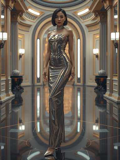 A woman is standing in an opulent room with a high ceiling and large windows that allow natural light to flood the space. She is wearing a long, metallic dress that reflects the light around her, creating a shimmering effect. The room features gold accents on the walls and columns, adding to the luxurious ambiance.