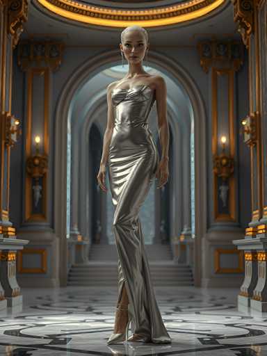 A woman is standing on a white marble floor inside an ornate room with gold accents and columns. She is wearing a long silver dress that reaches down to her feet, and high heels. The room features a large archway in the background and a chandelier hanging from the ceiling.