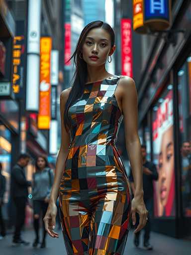 A woman is walking down a city street at night, wearing a colorful jumpsuit with a geometric pattern and carrying a purse. The background features tall buildings illuminated by neon signs, creating a vibrant urban atmosphere.