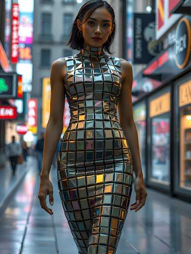 A woman is walking down a city street wearing a metallic dress with a geometric pattern of squares and rectangles on the bodice and skirt. The background includes buildings and signs, suggesting an urban setting.
