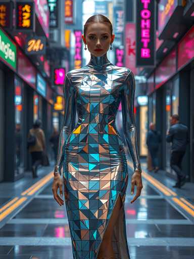 A woman is walking down a city street at night, wearing a blue dress with a geometric pattern and silver sequins on the skirt. The background features neon signs and buildings illuminated by bright lights, creating an urban atmosphere.