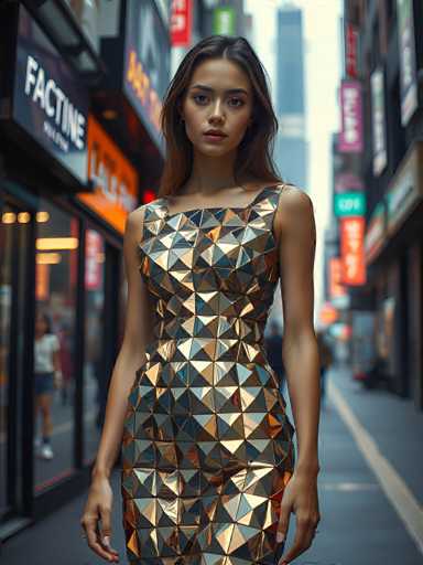 A woman is standing on a city street wearing a dress made up of small square pieces that create the appearance of diamonds and triangles. The dress has a metallic sheen, giving it an elegant and futuristic look. She is positioned in front of a store with large windows displaying various signs, suggesting a commercial area or shopping district.