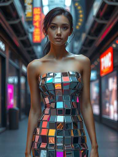 A woman is standing on a street at night wearing a dress made up of small square mirrors that reflect the surrounding lights and neon signs. The dress has a metallic sheen and a geometric pattern in shades of blue, green, pink, and yellow.
