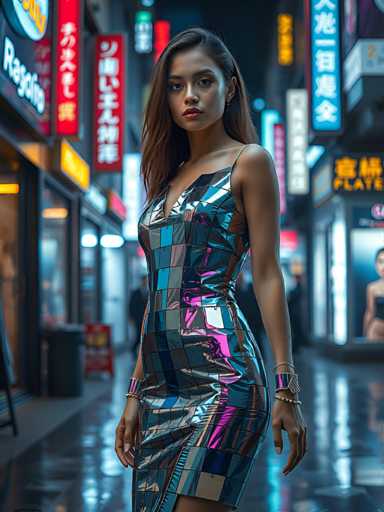 A woman is standing on a city street at night, wearing a metallic dress with blue and purple tiles that reflect the neon lights around her. The background features various signs and advertisements for shops and restaurants, creating an urban atmosphere.