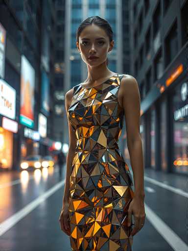 A woman is standing on a city street at night, wearing a dress with a geometric pattern of triangles and rectangles that shimmer under the lights from passing cars. The background shows buildings and billboards lining the street, creating an urban setting for her photo shoot.