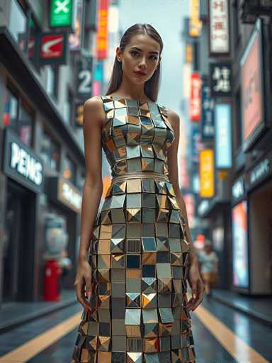 A woman is standing on a street wearing a dress made up of small square pieces that create the appearance of a diamond pattern. The dress has a metallic sheen and is predominantly black with gold accents. She is positioned in front of a store window displaying various signs, including one for "Pens" and another for "X".
