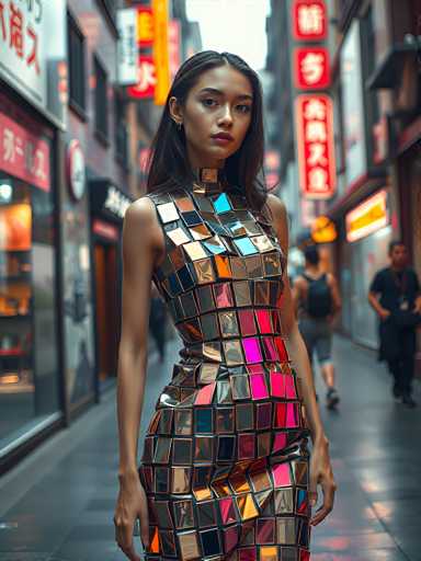 A woman is walking down an alleyway at night wearing a colorful dress with a geometric pattern of squares and rectangles. The background includes buildings and neon signs, creating a vibrant urban atmosphere.