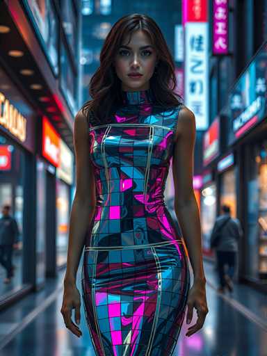 A woman is walking down a city street at night, wearing a vibrant dress with a geometric pattern of pink and blue hues that contrasts with the dark surroundings. The background features neon signs and buildings lining both sides of the street, creating an urban atmosphere.