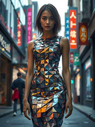 A woman is walking down a city street at night, wearing a dress with a geometric pattern of triangles and squares that shimmer under the lights. The background features tall buildings adorned with colorful signs in Japanese characters, creating an urban atmosphere.