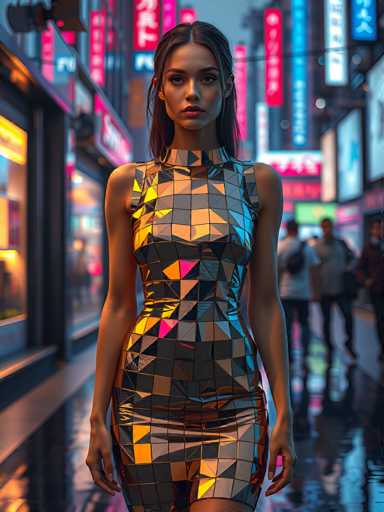 A woman is walking down a city street at night, wearing a metallic dress with a geometric pattern and holding a purse. The background features neon signs and buildings illuminated by bright lights, creating an urban atmosphere.