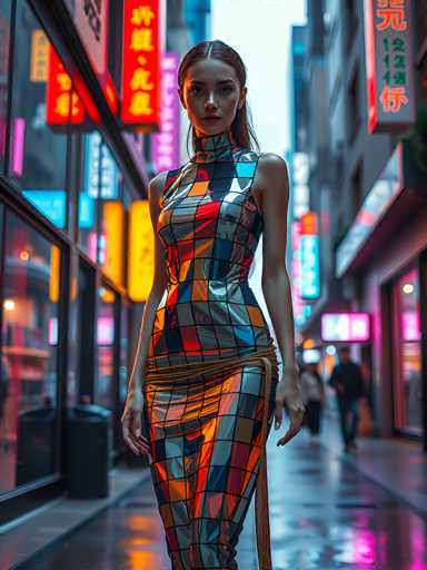 A woman is walking down a city street at night, wearing a colorful dress with a geometric pattern and carrying a purse. The background features neon signs and buildings lining the street, creating an urban atmosphere.