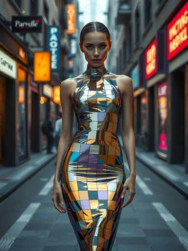 A woman is walking down a city street at night, wearing a metallic dress with a geometric pattern and holding a purse. The background includes buildings and signs for hotels and restaurants, suggesting an urban setting.