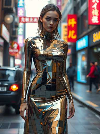 A woman is walking down a city street wearing a shiny dress that reflects the surrounding lights and signs. The dress has a metallic sheen and a geometric pattern of squares on its surface. She carries a black purse in her hand as she walks past a car parked on the side of the road, with buildings lining both sides of the street filled with various shops and restaurants.