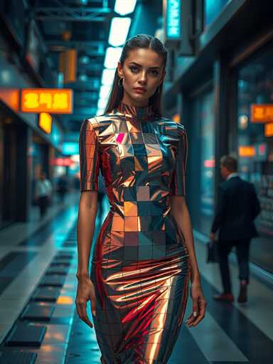 A woman is walking down a city street at night, wearing a metallic dress that reflects the lights around her. She carries a black purse and has dark hair styled in loose waves. The background shows buildings with neon signs and people walking on the sidewalk.