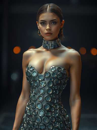 A woman is standing against a dark background with her arms crossed and hands on her hips. She is wearing a strapless dress made of small circles that create the silhouette of a heart or face design. The dress has a metallic sheen to it, giving it an elegant and futuristic appearance.
