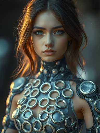 The image shows a close-up portrait of a woman with long brown hair and striking green eyes. She is wearing a futuristic outfit that includes a metallic bodysuit adorned with numerous circular rings on the chest area. The background is blurred, drawing focus to the woman in the foreground.