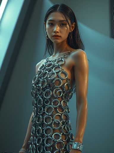 A young woman is standing against a white wall with her arms crossed and looking directly at the camera. She is wearing a dress made of small circles that create an interesting pattern when viewed from above or below. The dress has a metallic sheen to it, giving it a futuristic appearance.