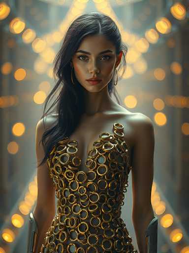 A woman is standing against a blurred background with her arms crossed and legs apart. She has long dark hair that falls over her shoulders and is wearing a gold dress with circles on it. The background features a pattern of lights in shades of yellow and orange.