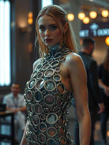 A woman is standing in front of a window with her back turned towards the camera. She is wearing a dress made up of circles and lines that create an interesting pattern on her body. The background shows other people walking by outside the building.