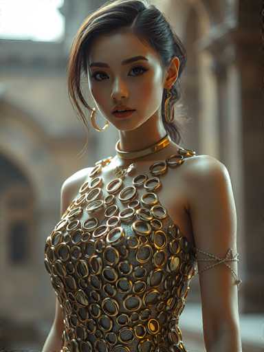 A young woman with long dark hair is standing against a white wall and wearing a gold dress adorned with circular shapes on the bodice. She has her arms crossed over her chest and is looking directly at the camera.