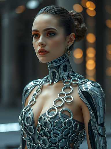 A woman is standing against a gray wall with her back turned towards the camera. She is wearing a silver dress that features large circles and rings on it, giving it an industrial or futuristic look. The background of the image is blurred, but there are lights visible in the top right corner, suggesting that she might be indoors or in a brightly lit area.
The woman's pose and attire suggest that she may be attending a formal event or participating in some sort of performance art piece.