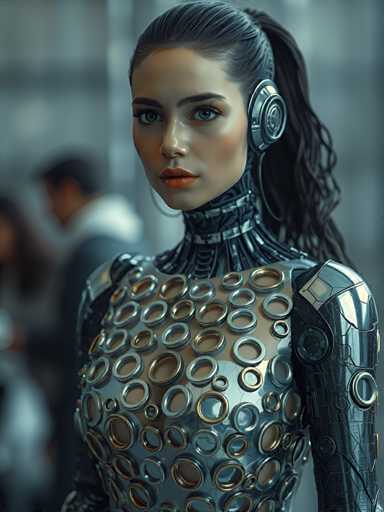 A woman is standing against a beige wall with her hair styled into a ponytail and wearing a futuristic outfit that includes a metallic bodysuit adorned with circular rings on the chest area. The image also contains text elements such as "What", "Who", "Where", "When", and "How".