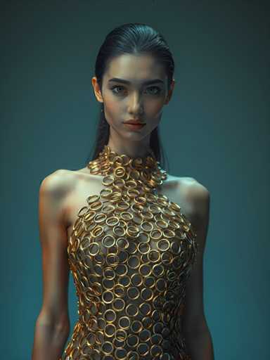 A woman is standing against a blue background with her hair styled in an updo and wearing a gold dress that features circular patterns on the bodice.