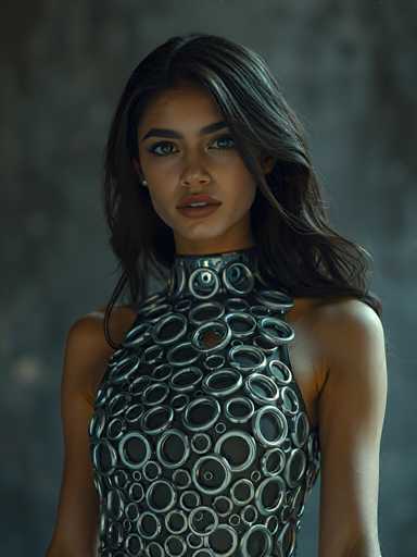 A woman with long brown hair is standing against a gray background and wearing a silver dress with circular holes on the neckline and bust area.
