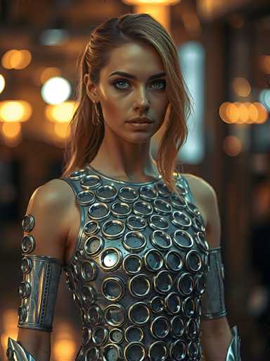 A woman with blonde hair and blue eyes is standing against a gray wall, wearing a silver dress adorned with circles on the chest area. The background features blurred lights that create an ethereal glow around her figure.