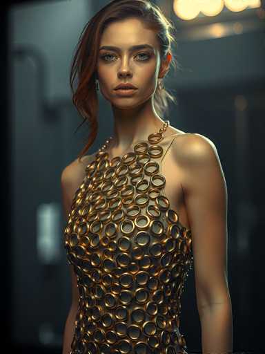 A woman is standing against a gray wall with her back turned towards the camera. She is wearing a gold dress that features circular shapes and has a high neckline. The background is dark, which contrasts with the bright colors of the dress.