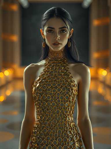 A woman is standing in front of a doorway with her back facing the camera and wearing a gold dress with circular holes on it.