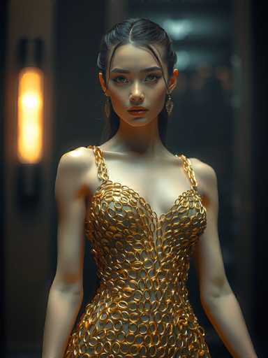 A woman is standing against a white wall with her back facing the camera and looking directly at it. She is wearing a gold dress that has a chain-like pattern on the neckline and skirt. The background of the image is dark, which contrasts with the bright light coming from an unseen source in the top left corner.