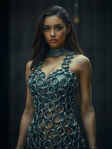 A woman is standing against a dark background with her arms crossed and hands at her sides. She is wearing a dress made of small circles that create an interesting pattern when viewed from above or below. The dress has a high neckline and a low slit on the side, adding to its unique design.