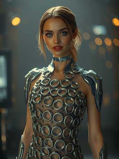 A woman is standing against a dark background with her arms crossed and legs apart. She has blonde hair styled in loose waves and is wearing a futuristic dress made of silver rings that cover most of her body. The image does not contain any discernible text or other objects.