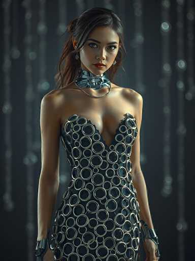 A woman is standing against a black background with silver circles and lines. She is wearing a strapless dress with a circular pattern on the bodice and a chain necklace around her neck. The woman's hair is styled in an updo, and she has a serious expression on her face as she looks directly at the camera.