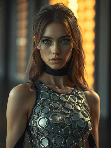 A woman with long brown hair is standing against a white wall and looking directly at the camera. She is wearing a black choker necklace and a silver dress with circular patterns on it. The background features a window that allows natural light to enter the room, creating an interesting contrast between the dark interior and the bright outside world.