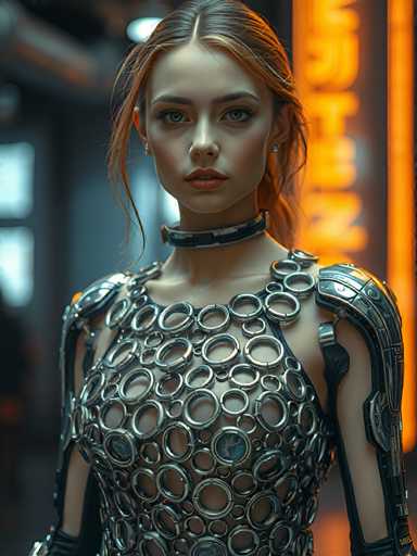 A young woman with red hair and a metallic dress stands against an orange neon sign that reads "MIRON". The background is blurred, but the image suggests she might be in a city or urban setting.