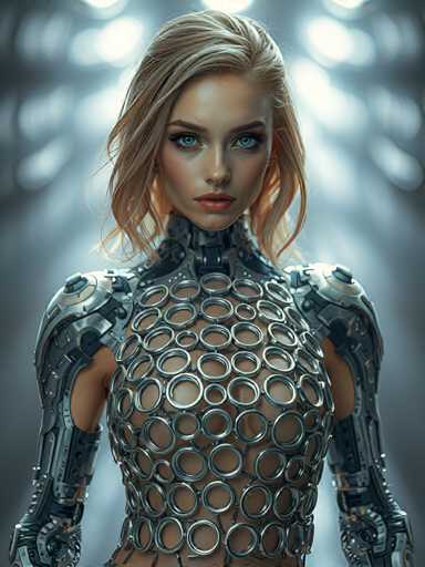 A woman with blonde hair and blue eyes is standing against a dark background, wearing a futuristic outfit that includes a metallic bodysuit adorned with circular rings on the chest area.