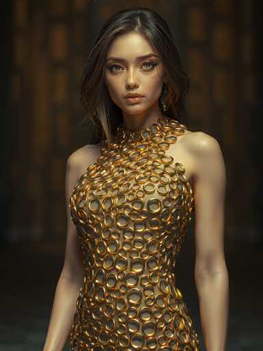 A woman is standing against a dark background with her arms crossed and looking directly at the camera. She is wearing a gold dress that features circular shapes on the bodice and skirt, giving it an elegant and unique appearance.