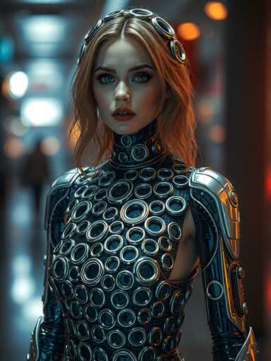 A woman with blonde hair and blue eyes is standing in a room filled with lights that cast an orange glow on her face. She is wearing a futuristic outfit made of circles and lines, giving the impression of metallic armor. The background shows a hallway or corridor lined with other people who are also dressed in similar futuristic outfits.