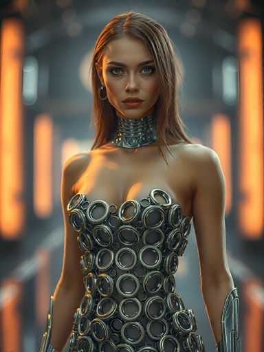 A woman is standing in front of a large orange archway with her back facing the camera and her hands on her hips. She is wearing a dress made up of small circles that create an interesting pattern when viewed from above or below. The background features a blurred image of what appears to be a hallway, suggesting she might be in a building or a room with architectural elements.