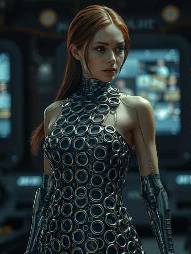 A woman with red hair and a black dress adorned with circular patterns stands in front of a futuristic building, her gaze directed off to the side.
