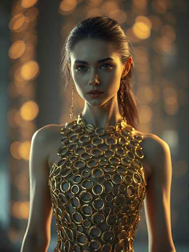 A woman with long brown hair is standing against a blurred background that appears to be a cityscape at night. She is wearing a gold dress with circular holes on the front and has her hair styled in a ponytail. The image does not contain any discernible text or other objects, and there are no actions taking place.