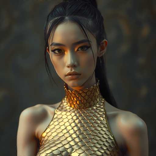 The image shows a close-up portrait of a woman with dark hair and striking green eyes. She is wearing a gold dress that features a fish scale pattern on the bodice. The background is a dark gray color, which contrasts with her outfit and accentuates her figure.