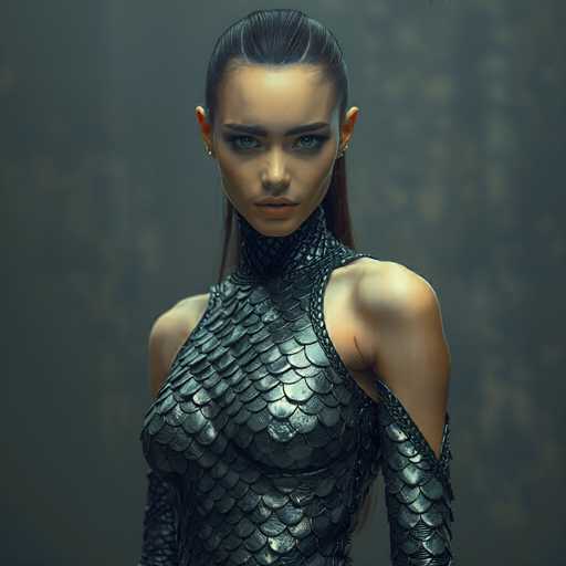 A woman with long brown hair and a snake skin-like top hat is the main subject of this image. She has her eyes closed and a serious expression on her face. The background features a dark gray color that contrasts with the woman's outfit, making her stand out even more.
