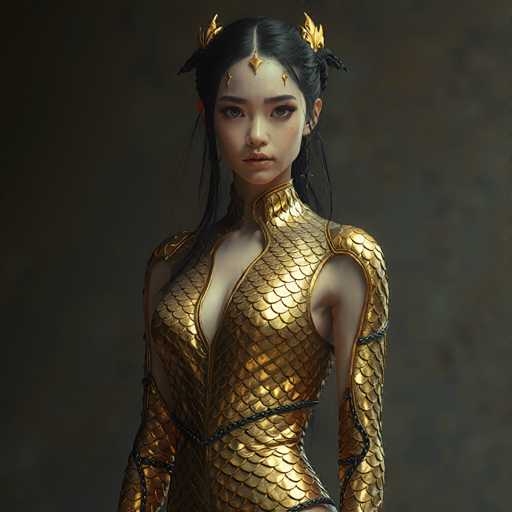 A woman with long black hair and gold scales on her shoulders is the central figure in this image. She is wearing a gold dress that features intricate scales along the sleeves and neckline. The background of the image is dark gray, providing a stark contrast to the woman's golden attire.