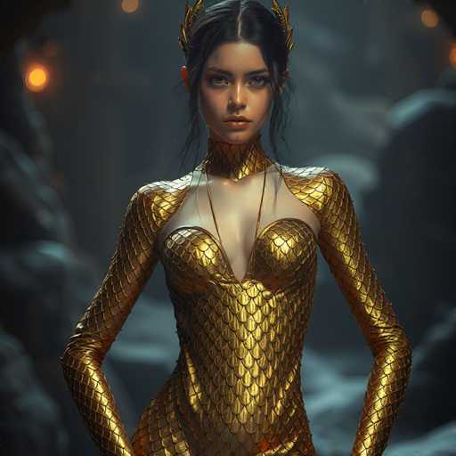 A woman is standing against a dark background with her arms crossed and hands on her hips. She is wearing a gold dress that has a snake-like pattern on it, which adds to the overall theme of the image. The woman's face is partially obscured by the dress, but she is looking directly at the camera.